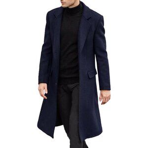 Men's  Dark Blue Slim Fit Notched Collar Long Casual Trench Coat with Pocket